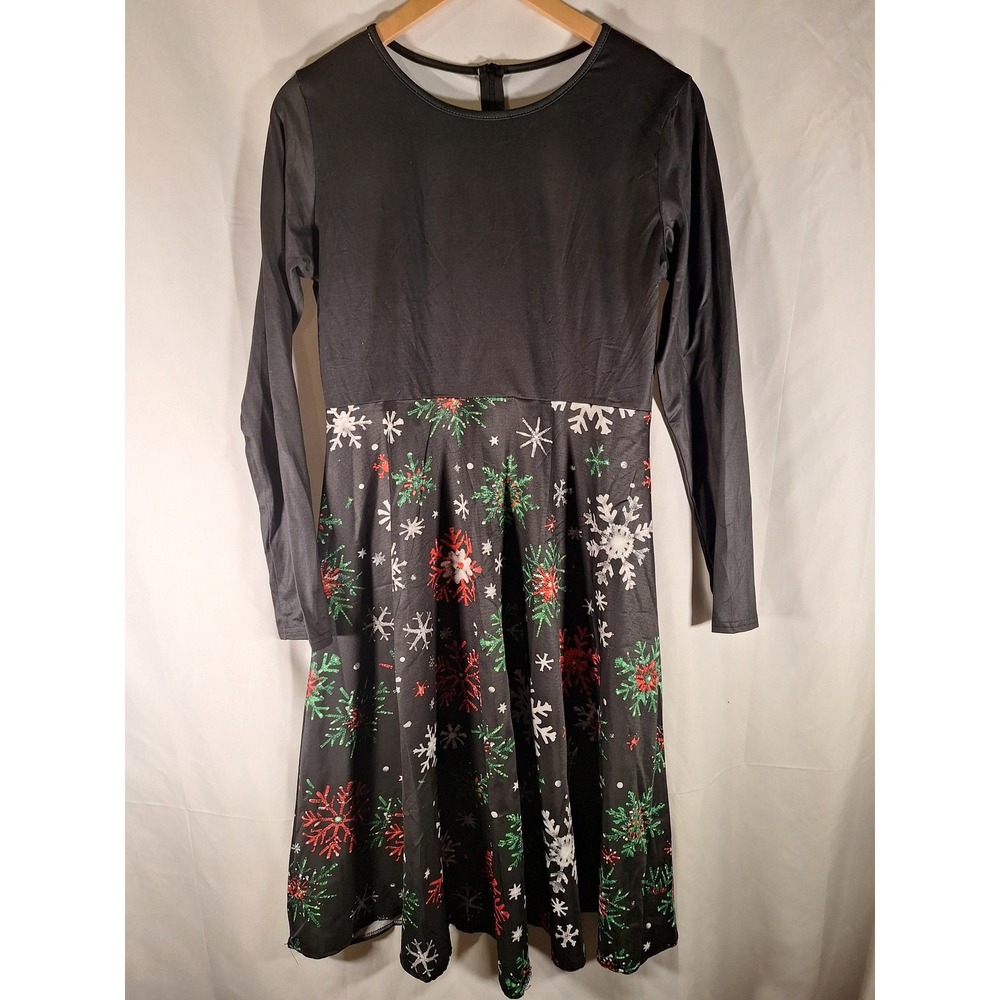Unbranded Womens Christmas Snowflake Fit and Flare Dress Black Long Sleeve XL